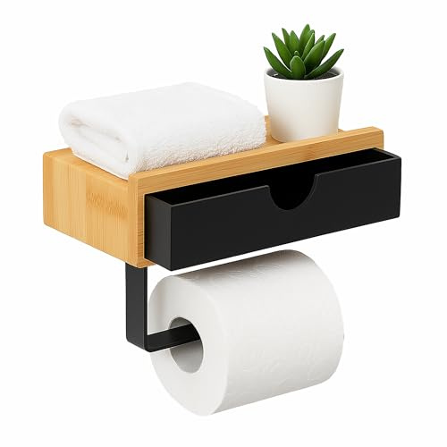 Relaxdays Toilettenpapierhalter, ohne Bohren, Ablage & Schublade, Klopapierhalter, Bambus & Metall, Natur/schwarz