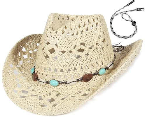 GEMVIE Straw Cowboy Hat for Women Ladies Summer Beach Straw Hat Shapable Brim Western Cowgirl Sun Hat with Turquoise Band and Chin Strap