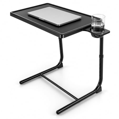 Pincho Mesa Plegable Sofa, Mesa Auxiliar Sofa, Mesa Auxiliar Plegable, Folding Table, Mueble Auxiliar Salón con Portavasos con Borde Elevado, Tipo C Altura Regulable Ajustable - Negra para Sofa y Cama