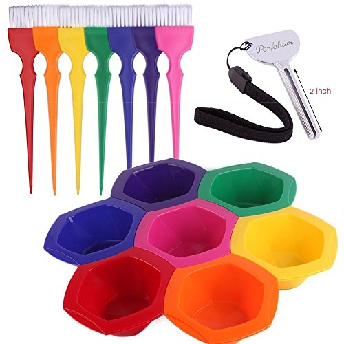 PERFEHAIR Farbenfrohes Haarfärbepinsel- und Schüssel-Set, regenbogenfarbenes Pinsel- und Schüssel- Set zum Haare färben, 7-farbig