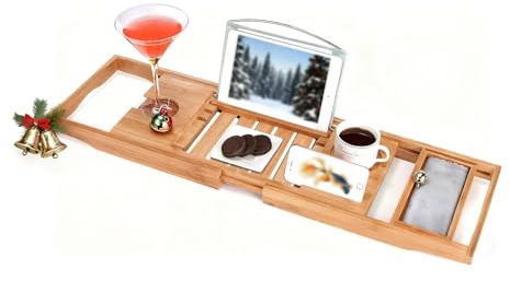 Utoplike Bamboo Bathtub Caddy Tray Bath Tray for Tub, Adjustable Bathroom Bathtub Organizer with Book Tablet Wine Glass Cup Towel Holder