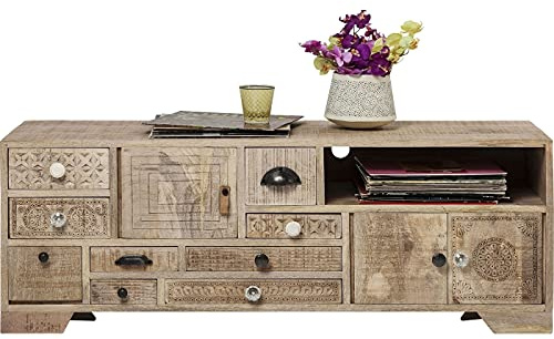 Kare Design TV - Board Puro, Breites, Tiefes Lowboard mit Handgeschnitzten Ornamenten, hellbraune Echtholz Kommode, niedriges Sideboard für Wohnzimmer, (H/b/T) 45 x 125 x 40 cm