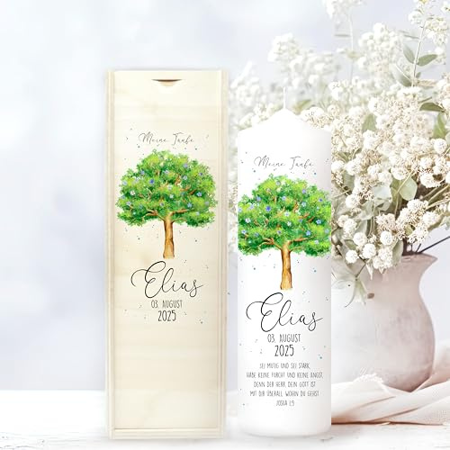 Wandtattoo Loft Taufkerze Junge Motiv Lebensbaum mit Blüten, 25cm x 7cm, personalisierte Kerze, bedruckte Kerze zur Taufe, Stumpenkerze, individuelles Taufgeschenk