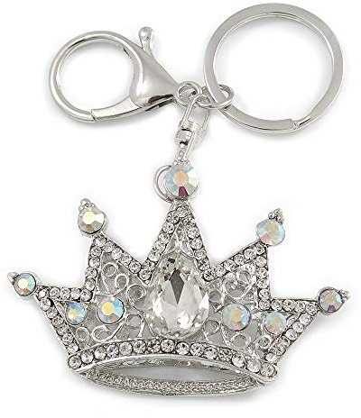 Avalaya Clear/AB Crystal Crown Keyring/Bag Charm In Silver Tone - 10cm L