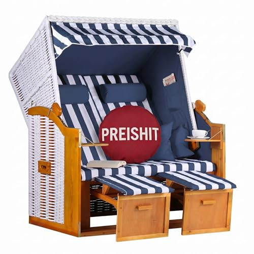 MR. DEKO® Strandkorb Ostsee Volllieger Verstellbarer 2-Sitzer | PE Geflecht Weiß Bezug Uni blau | inkl. 4 Kissen & Klapptisch | Strandkörbe fertig montiert | mit 2 Fußablagen (Dessin Blau Weiss)
