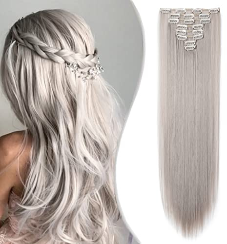 SEGO Clip in Extensions 8 delar, set 66 cm, hårförlängning, hårdel, syntet slät, naturlig, ljusgrå