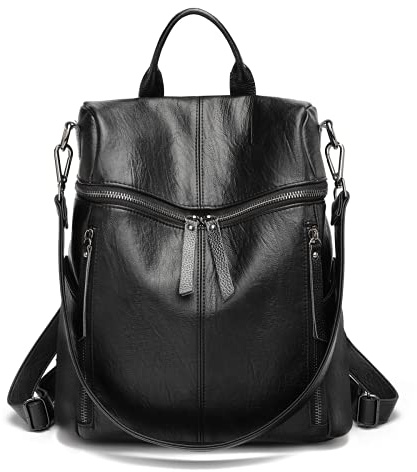 Mochila Casual Mujer de PU Cuero Suave, Bolso de Hombro Escolar 2 en 1 como Mochila Bandolera Antirrobo, Ligero Gran Capacidad Impermeable Multibolsillos Ideal para Trabajo, Escuela y Viaje (Negro)