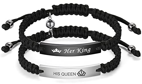 Rofusn Men Women's Personalized ID Couples Bracelets His Queen and Her King Engraving Handmade Braided Rope Wrist Bangle Stainless Steel Adjustable Wristband,2PCS
