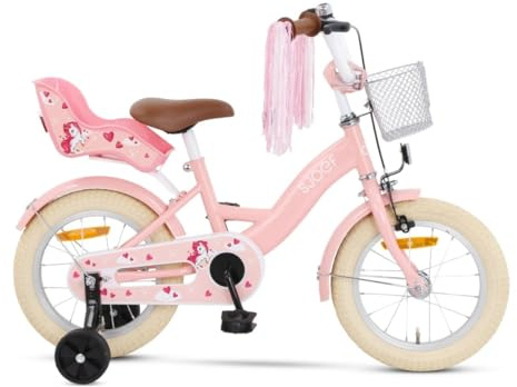 SJOEF Dolly Kinderfahrrad 14 Zoll | Ab 3-5 Jahre | einfache Montage (95% vormontiert) | Kinder Fahrrad für Mädchen/Jugend | Kleidergröße von 98 bis 108 cm | inklusive Stützräder