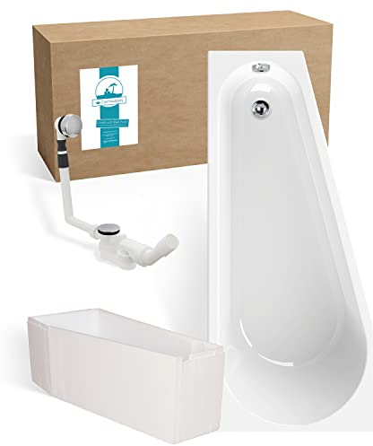 Calmwaters® Raumsparende Eckbadewanne 160x70 cm, Set mit Acrylwanne Essential Small, Wannenträger, Ab- und Überlaufgarnitur, platzsparende Badewanne rechter Ausführung, 160 x 70 cm, Weiß, 99000328