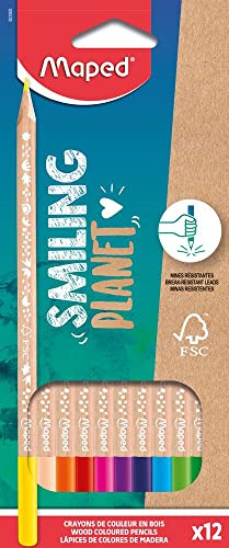 Maped - Smiling Planet Natural Wood Coloured Pencils – 12 Bright Colours – Drawing Pencils for Children – Ergonomic Triangular Colouring Pencil – Pack of 12 FSC Certified Wooden Pencils
