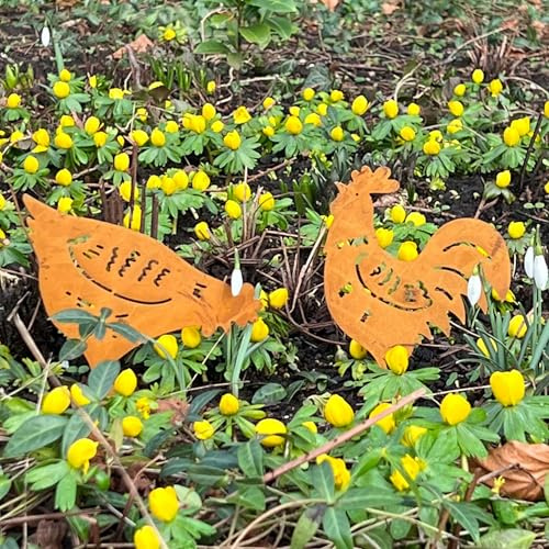 Storm's Gartenzaubereien Edelrost Deko Hahn und Henne Gartenstecker Tierfiguren in Naturrost Blumenstecker