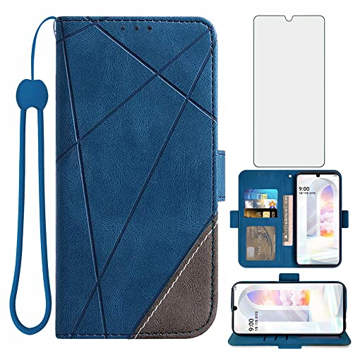 Asuwish Handyhülle für LG Velvet 5G/4G Hülle mit Glas Folie Schutzfolie Kartenfach Klappbar Leder Geldbörse Ständer LMG910EMW LM-G910EMW Handy Hüllen Schutzhülle Handyhüllen Schutzglas Phone Case Blau
