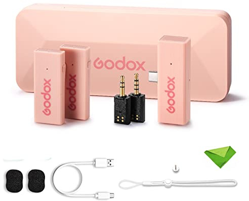 GODOX MoveLink Mini UC Kit 2 Wireless Lavalier Microphone for Android Phone, 2.4G Lavalier Mic 100m(328ft.) Range, Lapel Microphone for DSLR Cameras Vlogging, TikTok, Interviewing, YouTube (Pink)