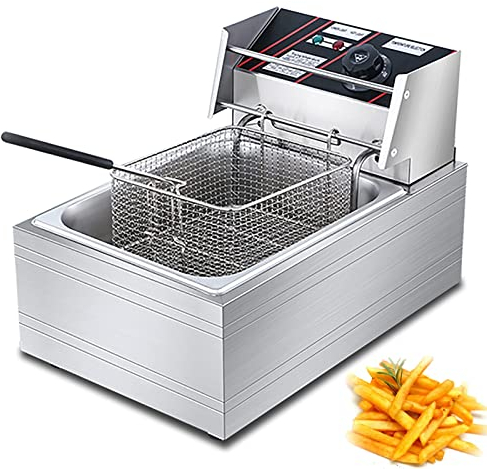 Friteuse électrique professionnelle, panier à friture avec crochet, 2500 Watt, 10 litres Nouveauté 2021, inox avec contrôle de température (B 10L)