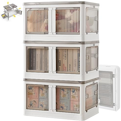 BTGGG 3 Pack Storage Boxes with Lids 55L*3 Plastic Foldable Storage Boxes with Wheels, Stackable Collapsible Lockable Cube Crate Bins for Home Organization Camping