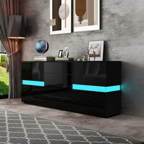 Senvoziii Modernes LED Sideboard Hochglanz Front TV Lowboard Aufbewahrungsschrank mit 2 Türen und 4 Schubladen Küchenschrank für Wohnzimmer Esszimmer Schwarz 177 x 35 x 72cm