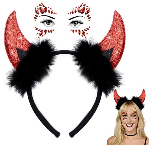 Sunwuun Karneval Halloween Deko Teufelshörner Glitzer Tattoo Gesicht Steine,Teufel Hörner Haarschmuck Haarreifen Männer Damen Kinder,Karneval Halloween Cosplay Party Teufel Kostüm Zubehör (Rot)