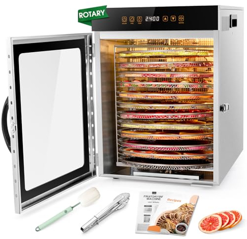 Kwasyo 12 Trays Stainless Steel Rotate Food Dehydrator, Dual fan 720° Efficient Drying, 24H Adjustable Timer & 30-90℃ Temperature Control, Dehydrator Food Dyer uk for meat fruit, 1000W