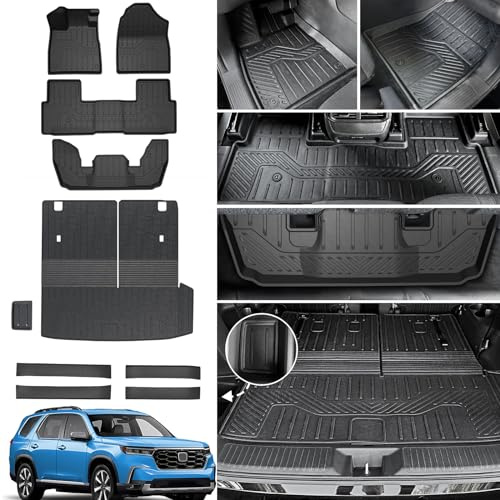 JOULARISE Floor Mats Cargo Mat for Honda Pilot 2026 2025 2024 2023, All Weather TPE Cargo Liner Trunk Mat with Backrest Mat Door Sill Protectors Car Accessories for Pilot (Floor Mats Set)