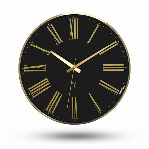 Fishtec - Orologio da parete numeri romani - fondo nero numeri dorati vetro bombato silenzioso radiopilotato telaio in alluminio Ø 30,5 cm