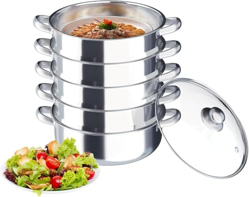 GJVBGA 5 Tiers Steamer for Cooking, Stainless Steel Steamer, Compatible with Vented Glass Lid Cookware Pot & Pan Set for Gas Stove,Electric Halogen Oven Induction Hob(Size:28cm)