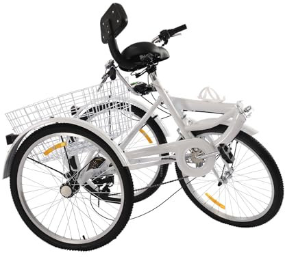 3 Räder Fahrrad Erwachsene, 7-Gang 24 Zoll Faltbar Dreirad für Erwachsene aus Kohlenstoffstahl mit Einkaufskorb Front- und Rückleuchten Klappbares Dreirad Fahrrad Tricycle City Einkauffahrrad