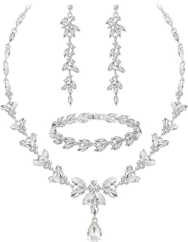 Wedding Jewelry Sets for Bride Bridesmaid Bridal Jewelry Set for Women Wedding Crystal Necklace Earrings Bracelet Set for Party Prom Jewelry (White - Silver)