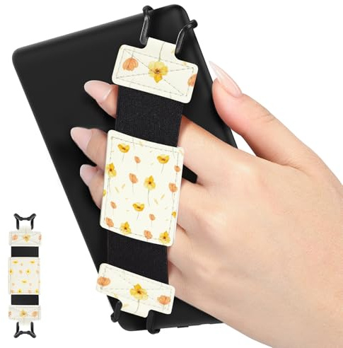MoKo Soft Hand Strap for 6-8 eReaders Fire Tablet Kindle/Kobo/Voyaga/Lenovo/Sony Kindle E-Book Tablet, High-Elasticity Versatile Hand Strap Lightweight Finger Grip Holder, Flower on White
