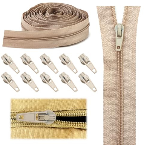 Continuous Zipping Chain 5m Beige Zipper Size 3# Nylon Cushions Upholstery Zips for Sewing Heavy Duty Trimmable on Roll NO.3 Pullers for DIY Sewing Tailor Craft Bag （ 5m / 10 Zipper Sliders
