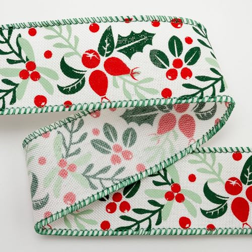 Italian Options Cinta de Navidad - Bayas de acebo de Navidad de lino crema (38 mm x 10 m/borde con alambre)