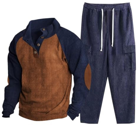 Ensemble chandail en velours côtelé patchwork et pantalon de jogging rayé, sweat-shirt à manches longues et demi-boutons avec poches cargo, survêtement chaud rétro décontracté pour l'hiver,