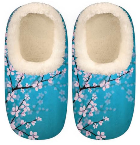 GeMeFv Pantoufles chinoises pour femme, motif fleur de prunier bleu, antidérapantes, doublées en peluche, pour filles, garçons, adolescents, chambre à coucher, Fleur de prune chinoise, Large