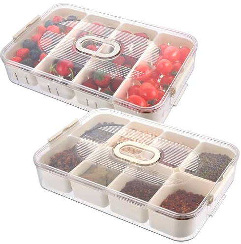 LDXDRU 2 Stück Snackbox mit Fächern, Snackschale mit Deckel, Kunststoff Obstbox Snack Box Snackteller mit Fächern, Snackboxen Snackplatte für Süßigkeiten, Gemüse, Keksen, Obst, Ideal für Picknicks