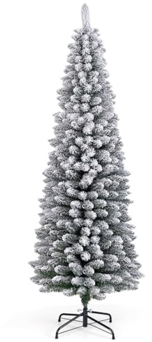 GIANTEX Weihnachtsbaum mit Schnee, Tannenbaum Künstlich 225 cm, Bleistift Weihnachtsbaum schmal, Christbaum Künstlich wie Echt, Christmas Tree, Klappsystem, Kunstbaum Dekobaum Weihnachten PVC Nadeln
