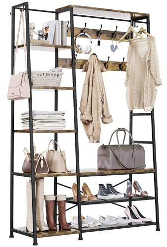 YITAHOME Coat Rack Stand, Large Hall Tree with Bench, Industrial Coat Rack with Shoe Storage, Floorstanding Clothes Rail with 9 Hooks and 5 Shelves Garment Rack for Hallway, Living Room, Rustic Brown