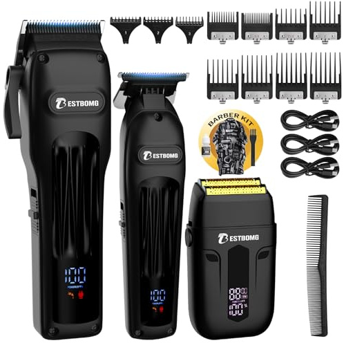 BESTBOMG® Tondeuse à cheveux professionnelle pour homme, tondeuse à barbe et rasoir rechargeable, lame en T en métal, écran LED, kit de coupe de cheveux pour homme et cadeaux, BS-808A (noir)