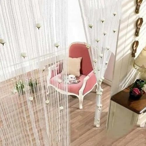 YKAFADE Fadenvorhang 2 Stück 100x200cm Dekorative Gardine Raumteiler Dekoration mit Rosen Blumen Türvorhang Fliegenschutz Hochzeit Fadengardine Glitzer schön für Party,Café,Restaurant,Weiß
