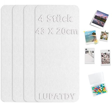 4 Stück Pinnwand,Fotowand 43 * 20cm,Filz Pinnwand Memotafeln Bulletin Board Memo Boards Wanddekoration,Visionboard 0,9cm Dick,Fototafel mit Selbstklebendem Klebeband und Pinnnadeln Weiß
