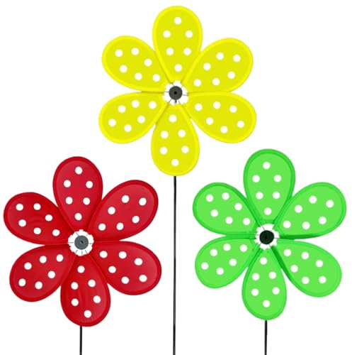 Windspiel – Blumen-Spinner mit Punktemuster, Set mit 3 bunten Gartendekorationen, lustiges Partyzubehör für Urlaub, Hochzeit, Geburtstag
