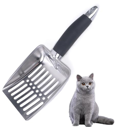 QOTSTEOS Stainless Steel Cat Litter Scoop, Cat Litter Shove-l with No-n-Slip Handle Sturdy Mesh Deep Shove-l Ca-t Poop Scooper for Litte-r Box (COLOR:silver)