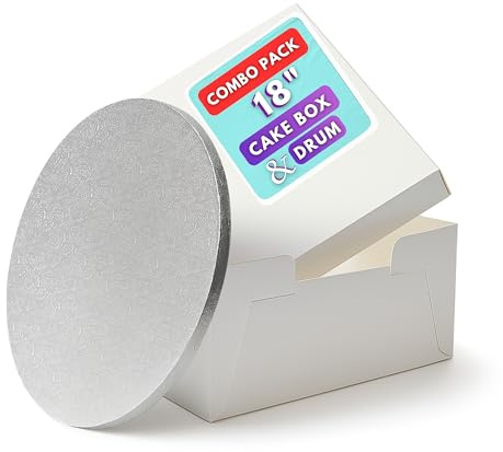 Pack N Trade White 18-Inch Cake Box with 13mm Round Silver Drum – Durable 18×18×6″ Cake Box & Drum Combo – Ideal for Birthday & Wedding Cakes, Cake Decorators & Home Bakers