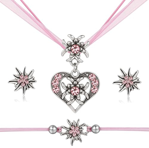 TOWLEING 4 Stück Trachtenschmuck Damen Edelweiß Trachtenkette Armband Ohrstecker Dirndl Schmuck Elegantes Dirndl Schmuck Damen für Dirndl oder Lederhose Hochwertiges Trachtenschmuck Set