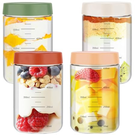 Ruiqas 4 paquetes de 750 ml para pasar la noche avena recipientes reutilizables a prueba de fugas de vidrio de almacenamiento de alimentos frascos con tapas para aperitivos yogur