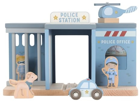 Little Dutch Polizeiwache Polizeistation Holz mit Spielfiguren und Zubehör Ergänzung zur Holzeisenbahn Schienen