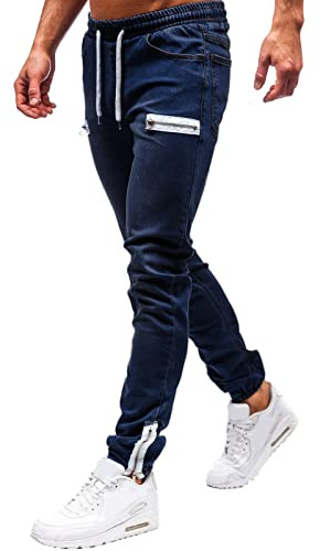 Generiska jeans för män slim fit: Jeans med dragsko jeabyxor med fickor denimbyxor överdimensionerade tygbyxor andningsbara fritidsbyxor raka ben stretchjeans klassiska bekväma arbetsbyxor, Mörkblå, M