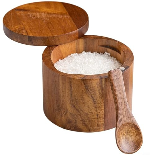Glomc Salero de madera de acacia, contenedor de especias elegante para cocina, almacenamiento de cocina con tapa giratoria, marrón (marrón)