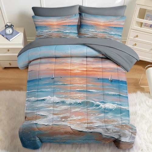 Nesker 5 Pcs Comforter Set Twin Size, Ocean Beach Sailboat Bedding Set for Kids and Adults, Sunset Coastal Sea Bed Sheet Set with Fitted Sheet Pillowcase & Sham