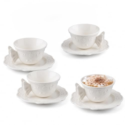 imposyu Juego de Taza y Platillo 4 piezas Tazas de Café en Cerámica 9,5x5,7 cm Tazas de Cafe Espresso Cerámica con Plato para Moca, Té, Latte, Desayuno