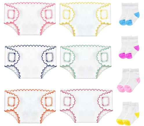 Zouonou Puppenkleidung Set 35–43 cm 6 Puppenwindeln 4 Paar Baby Socken | 10-teiliges Puppenzubehör mit Unterhosen in 6 Farben und 4 Paar Puppensocken, Babypuppen Kleidung für 14–17 Zoll Puppen